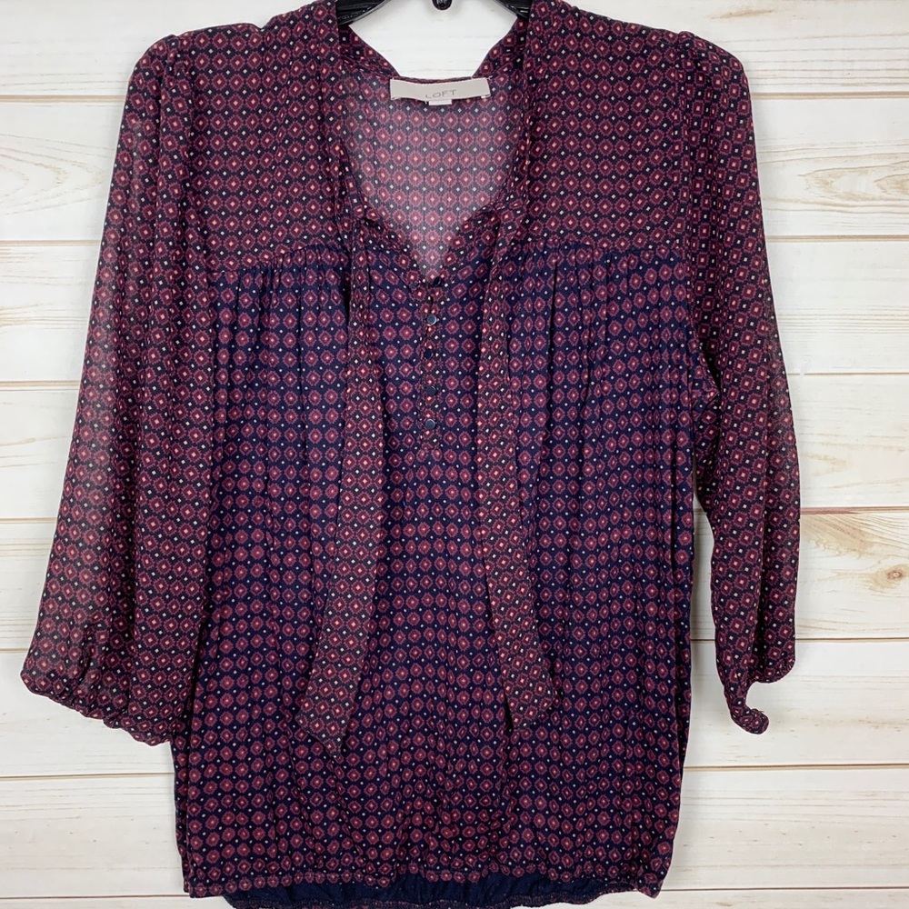 Ann Taylor multi print bow tie long sleeve blouse